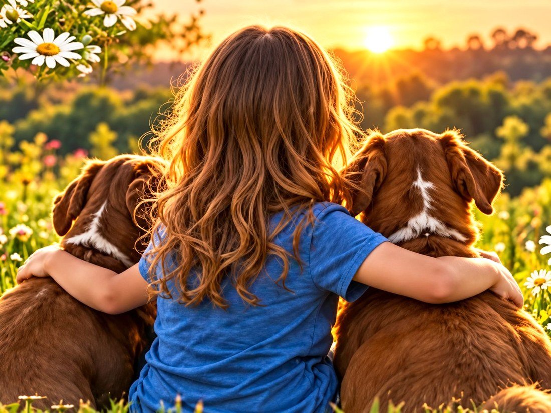 A child hugging two rescue dogs in a meadow