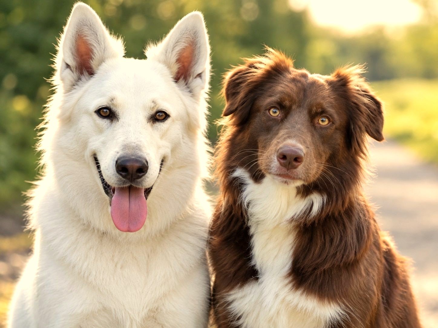 A white rescue dog and a brown rescue dog sitting together